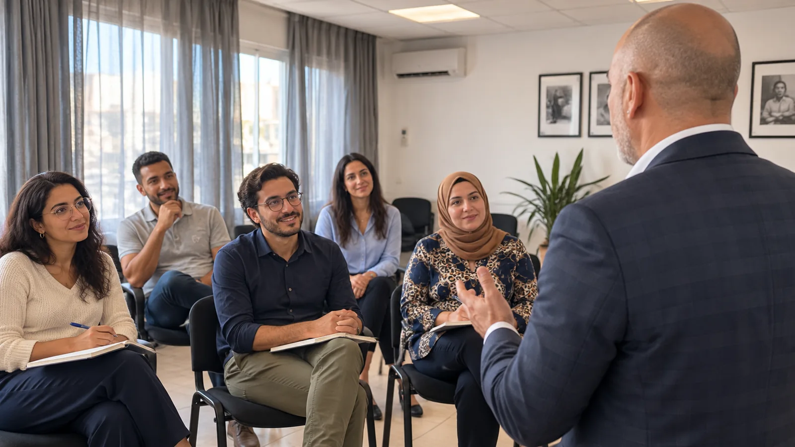 Scène illustrative reconstruite : l’enseignant face à un petit groupe dans un décor inspiré de l’Institut